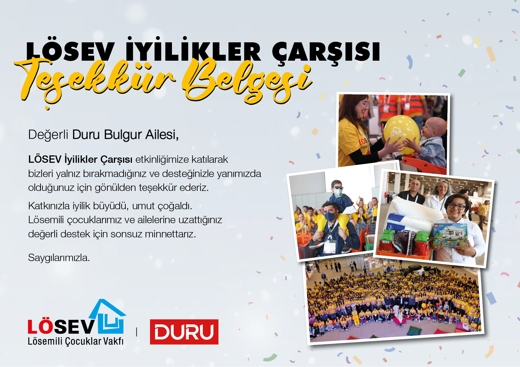 Lösev İyilikler Çarşısı Teşekkür Belgesi